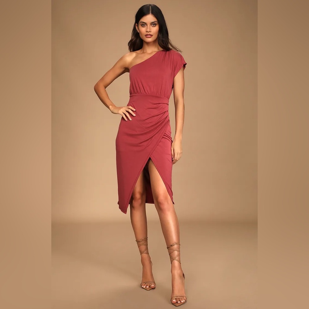 NWT Lulus Raise a Glass Rusty Rose One-Shoulder Midi Dress